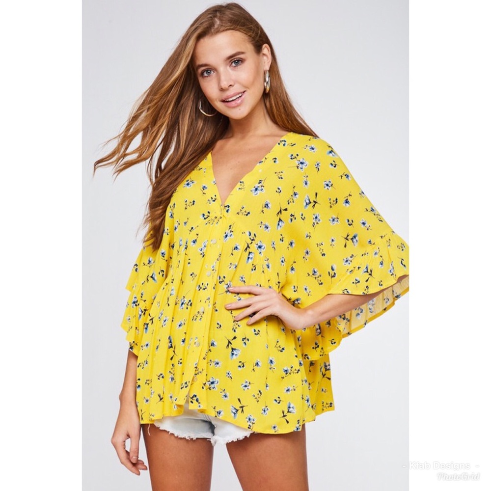 💐LAST 1! Floral Ruffle V Neck Bell Sleeve Top! - Picture 2 of 3